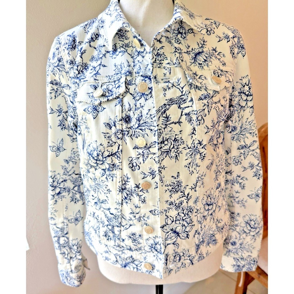 TALBOTS White with Pretty Bird Toile Print (Blue) Classic Denim Jacket Sz XS - Picture 3 of 10